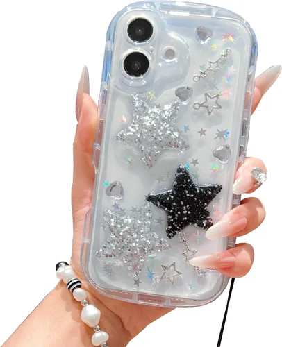 Vista 39 de Compatible con iPhone 11 Pro Funda Transparente Bonita con Diseño de Estrella con Purpurina en 3D con Perlas y Pulsera de Perlas, Diseño de Cadena