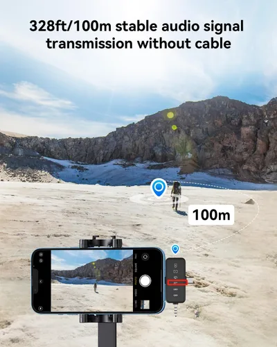 Vista 5 de PQRQP, micrófono 3 en 1 para iPhone/Android/cámara, inalámbrico, transmisión de 328 pies, duración de la batería de 18 horas, mini micrófono