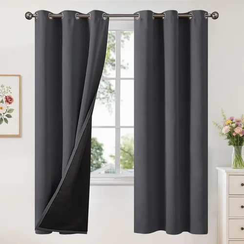 Vista 27 de YoungsTex - Cortinas 100% opacas para dormitorio, con aislamiento térmico y ojales, cortinas oscuras negras con capa pesada para ventana de sala
