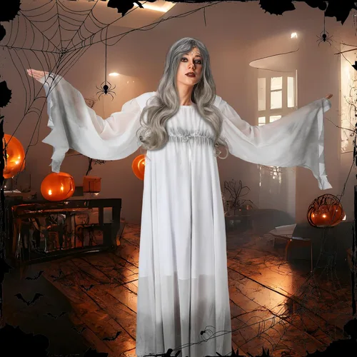 Vista 5 de Hercicy 2 piezas de disfraz de fantasma gótico y pelucas largas onduladas para disfraz, delicado vestido de novia muerta, peluca de fantasma rizado