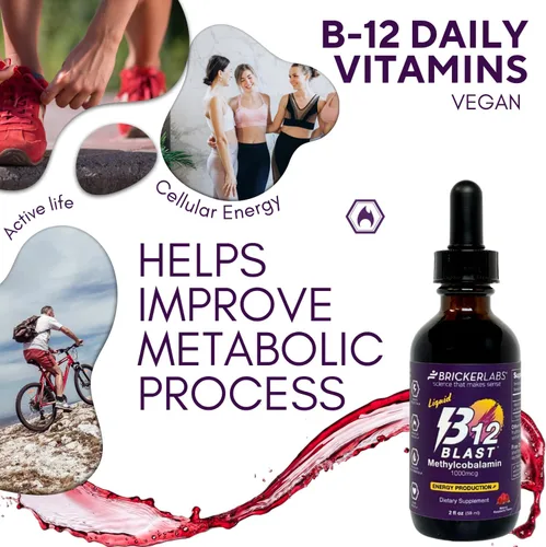 Vista 4 de Bricker Labs B12 Blast Metilcobalamina 1000mcg, vitaminas energéticas líquidas sublinguales de gran sabor - Vitaminas B12 veganas, energía sostenida