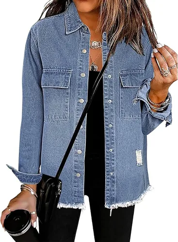 Vista 9 de Chaqueta de mezclilla para mujer, chaqueta de jean desgastada de gran tamaño para mujer, tendencia