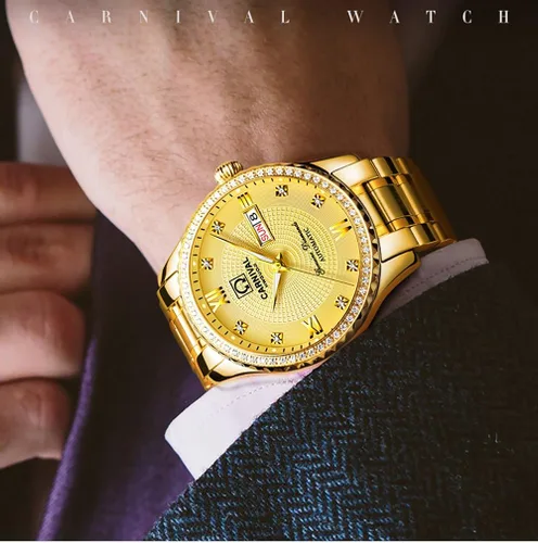 Vista 5 de CARNIVAL Mens Dial Automatic Full Gold Stainless Steel Sapphire Glass Waterproof Men Black Watch