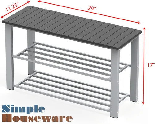Vista 3 de Simple Houseware Banco de almacenamiento de zapatos con tapa de madera para entrada, gris
