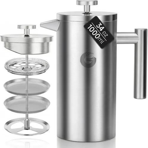 Vista 12 de Coffee Gator - Cafetera de prensa francesa de acero inoxidable 304 de 34 oz, tetera para té y café de doble pared aislada con sistema de filtración