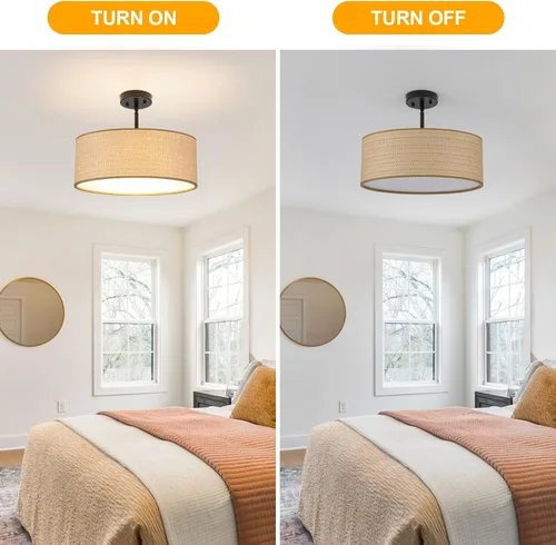 Vista 6 de Rattan Sloped Ceiling Light, 16.53" Woven Semi Flush Mount Boho Fabric Drum Shade, Pendant Lighting, for Dining Room, Foyer, Living Room, Hallway