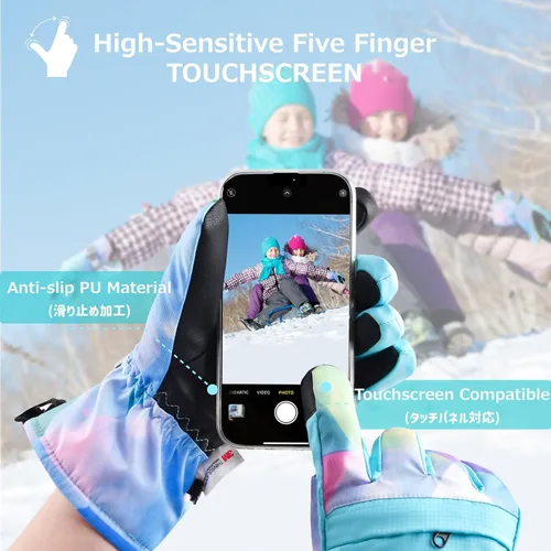 Vista 4 de Azarxis Guantes de esquí de nieve para niños, impermeables, resistentes al viento, cálidos guantes de snowboard para niños y niñas