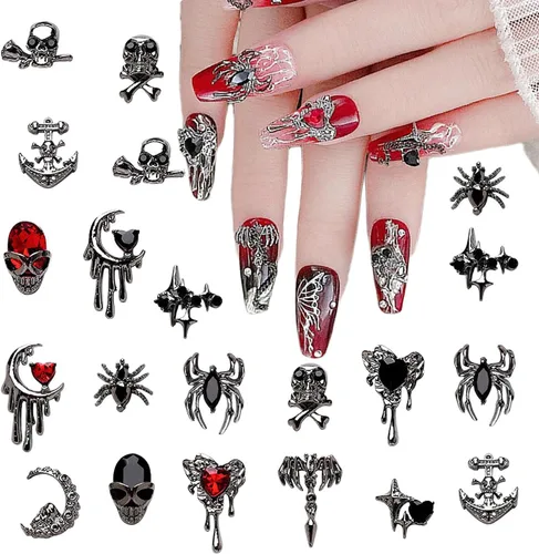 Vista 12 de Dijes de araña 3D para uñas de araña, dijes de araña plateada para uñas, incrustaciones de gemas rojas y rosas, punk, retro, diamantes de imitación
