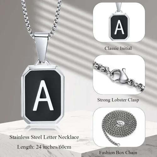 Vista 2 de Hisatan Collar con inicial para hombres y mujeres, collares con colgante de letra A-Z, color negro, plateado, cuadrado, capital, para hombre, acero