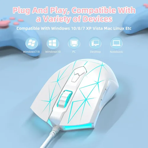 Vista 8 de FELICON Ratón ligero RGB para juegos, programable 7 botones, ergonómico, retroiluminado LED, USB, computadora portátil, PC, para Windows, Mac