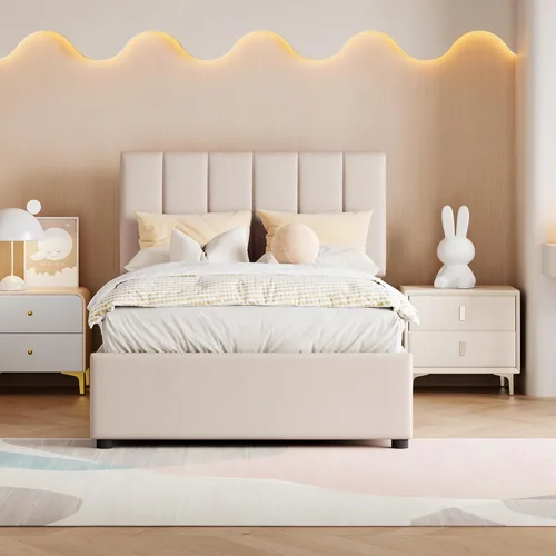 Vista 3 de Harper & Bright Designs Base de cama con plataforma de almacenamiento elevable de tamaño individual con cabecera capitonada de canal vertical Beige