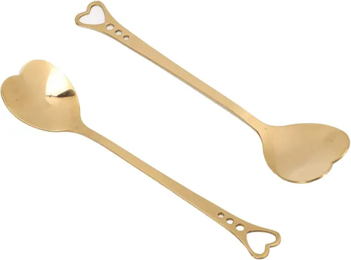 Vista 8 de Pssopp 2 cucharas de postre de café, diseño en forma de corazón, cuchara de metal para agitar, té, postre, bebidas, helado, Oro, Moderno