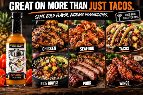 Vista 6 de The Spicy Shark Caribbean Reef Shark Scotch Bonnet Pepper Island Hot Sauce Botella de 5 onzas – Marca presentada en Hot Ones