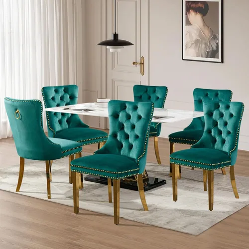 Vista 100 de Juego de 2 sillas de comedor tapizadas de tela de lino, sillas de cocina modernas de mediados de siglo con respaldo alto, ribete de cabeza de clavo