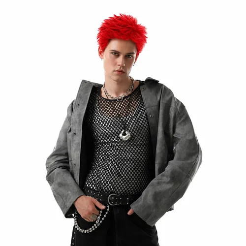 Vista 5 de Peluca roja para hombre, corta, recta, roja, en capas, resistente al calor, reemplazo de pelo sintético Rojo