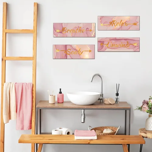 Vista 3 de Lnond 4 piezas de decoración de pared de baño de mármol dorado rosa, decoración de letreros de relajación y respiración, arte de pared colgante