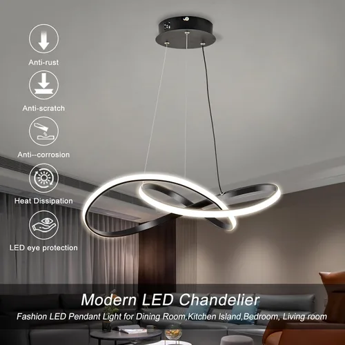 Vista 2 de Lámpara colgante LED moderna, lámpara de techo negra contemporánea con luces de anillo irregular para comedor, sala de estar, recámara, isla