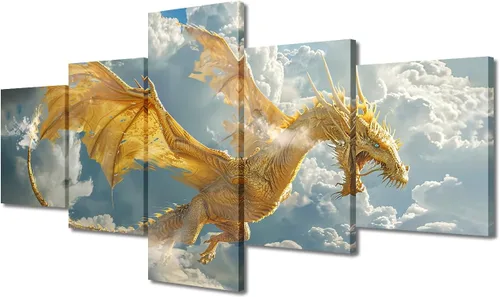 Vista 81 de Lienzo decorativo para pared de sala de estar, lienzo de dragón, 5 paneles, dragón verde, decoración de pared para el hogar, decoración de pared