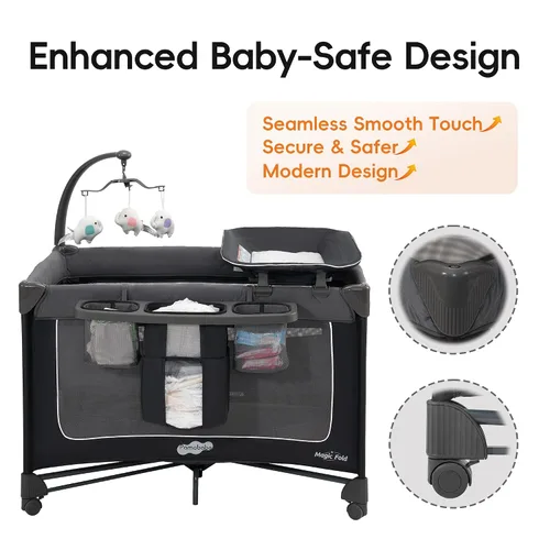 Vista 14 de Pamo Babe Pack and Play con moisés Magic Fold Playard 1 Step Set Plegable Corralito para bebé con cambiador portátil corralito gris