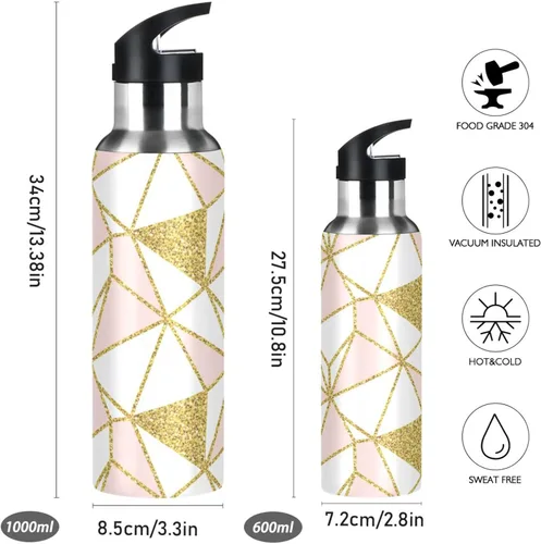 Vista 2 de Stainless Steel Vacuum Insulated Water Bottle 20 Oz, Leakproof Water Bottles for Gym Outdoor Travel School, Geometric Gold Triangles