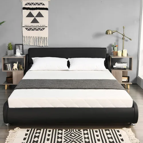 Vista 7 de NAFORT Base de cama tamaño Queen tapizada con cabecera ajustable curvada, moderna cama de plataforma de piel sintética de perfil bajo, soporte