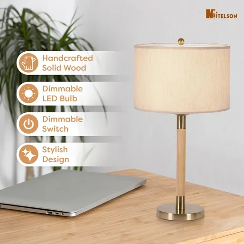Vista 2 de Lámpara de noche LED para dormitorio, lámpara de escritorio moderna con interruptor regulable y bombilla, lámpara de mesa de madera para mesita