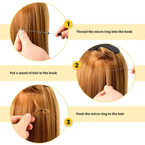 Vista 6 de Gomake Juego de extensiones de cabello cerradas y removedoras de alicates, micro anillos de silicona, extensiones de cabello, aguja de bucle, Negro