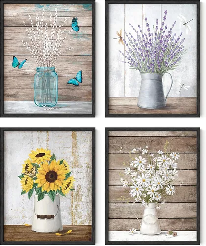Vista 47 de HAUS AND HUES Arte de pared floral gris, juego de 4 pósteres de plantas para pared vintage, impresiones botánicas, cuadros de flores en blanco