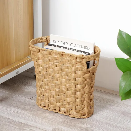 Vista 6 de Cesta de basura de mimbre con asas integradas, mini cesta multifuncional para el hogar y la oficina, diseño compacto y construcción duradera