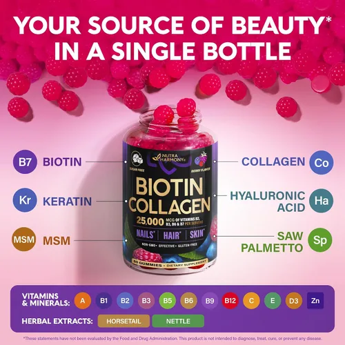 Vista 4 de Gomitas de biotina con colágeno - Soporte para el crecimiento del cabello, fortaleza de la piel y las uñas - para mujeres y hombres - Biotina 10 000