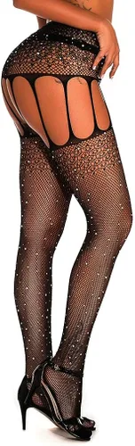 Vista 3 de AROOMVE Medias de diamantes de imitación brillantes para mujer medias de malla sexy de cristal