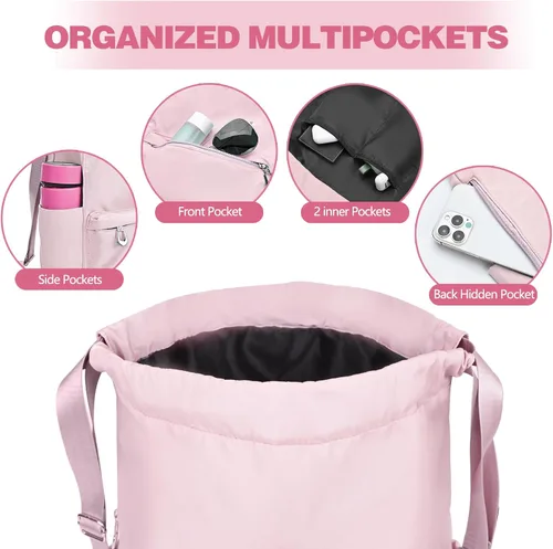 Vista 4 de BAVELOE Mochila con cordón y bolsillo húmedo, mochila de gimnasio resistente al agua, portabotellas, bolsa de cuerda para mujeres y hombres, Rosado