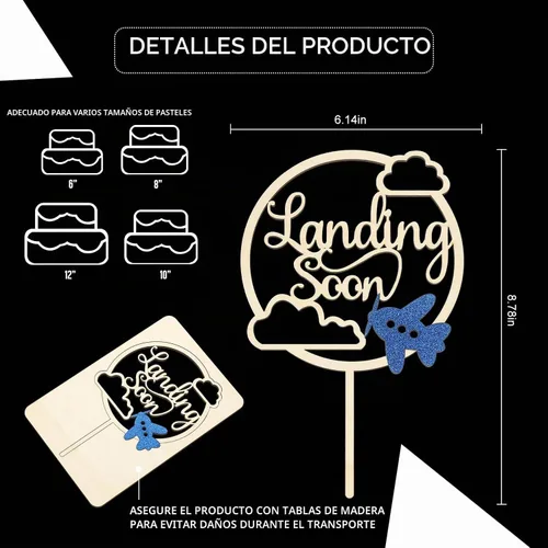 Vista 2 de Landing Soon - Decoración personalizada para tartas de avión de madera, decoración de baby shower
