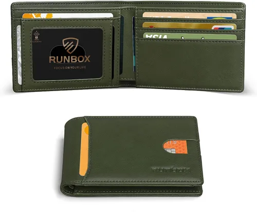 Vista 18 de RUNBOX Cartera delgada para hombre, 11 ranuras para tarjetas de crédito, de cuero, con bloqueo RFID, pequeña, delgada, plegable, minimalista 0 negro