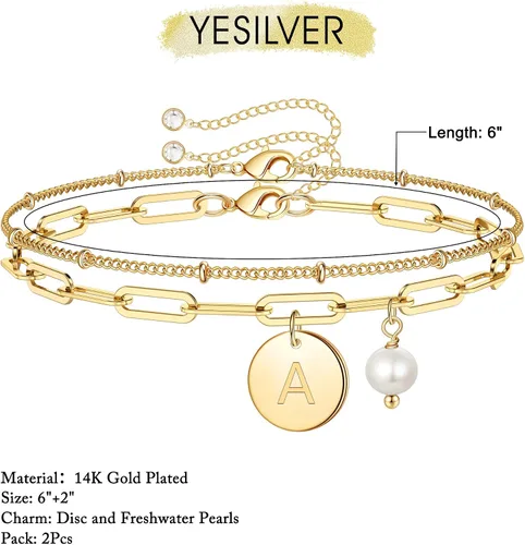 Vista 5 de Pulseras con inicial de oro para mujer, chapado en oro de 14 quilates, pulsera con inicial de letra, ajustable, con eslabones en capas, pulsera