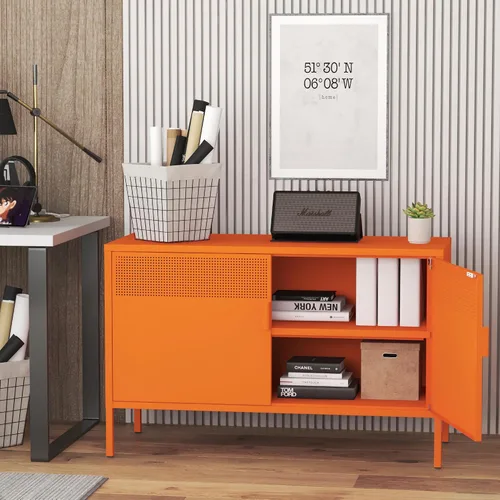 Vista 86 de Gabinete de almacenamiento de metal ancho negro, gabinete de acento de 2 puertas para el hogar y la oficina, gabinete de metal bajo de 2 niveles