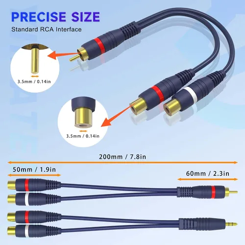 Vista 2 de Cable divisor RCA Y macho a hembra, cable de extensión de audio AV Jack de 0.138 in, conector de cincha chapado en oro de 24 quilates