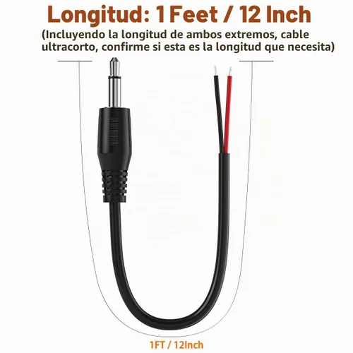Vista 4 de Paquete de 2 conectores macho de repuesto de 1 pie de 0.138 in a cable desnudo, extremo abierto, TS de 2 polos, conector jack mono de 1/8 pulgadas