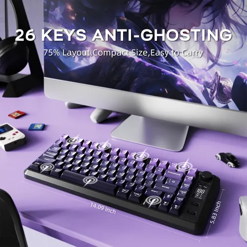 Vista 8 de Teclado inalámbrico para juegos M75, membrana mecánica con perilla y pantalla OLED Bluetooth2.4Ghz Rainbow Backlit Gradient PBT Keycaps 2000mAH