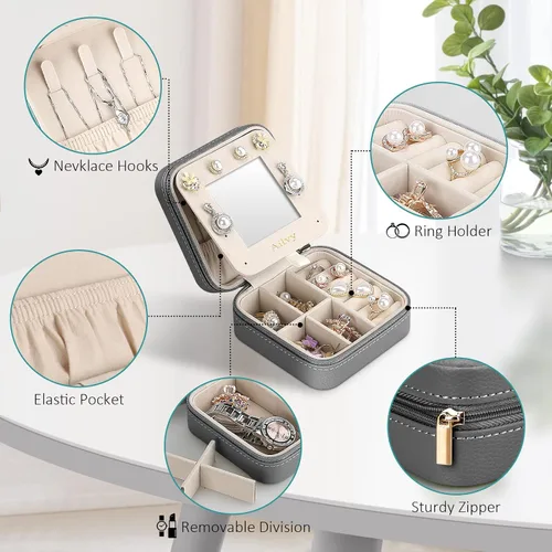 Vista 2 de Ailvy Organizador de joyas de viaje con espejo, pequeño joyero portátil, estuche de joyería para aretes, anillos, collares, pulseras, regalo