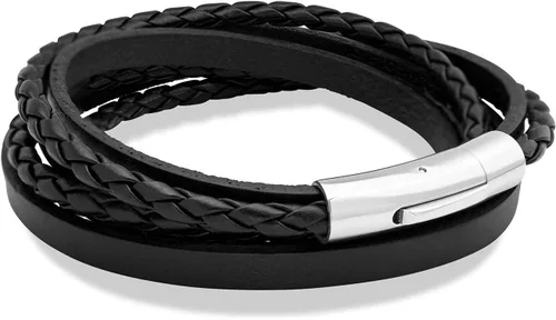 Vista 6 de 555Jewelry - Pulsera magnética de acero inoxidable con capas de cordón de cuero trenzado