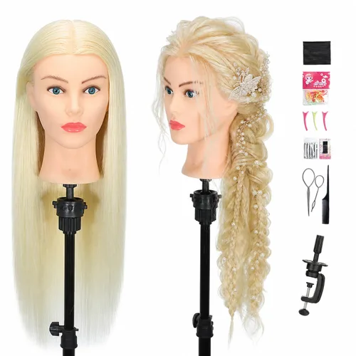 Vista 15 de Cabeza de maniquí de cabello humano, 80% cabello real, maniquí para cosmetología, con soporte de trípode para práctica de peinado, trenzado y Ámbar