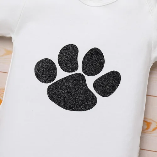 Vista 3 de IMEKIS Mameluco con estampado de huellas de patas, falda tutú + diadema de orejas de perro, disfraz de Halloween y cosplay