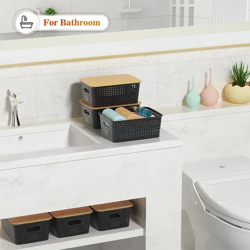 Vista 6 de Ohmlove Cestas de almacenamiento de plástico con tapa de bambú – Contenedores de almacenamiento de plástico apilables: Cestas de almacenamiento
