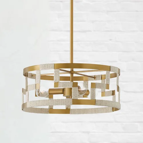 Vista 2 de Capital Lighting 241031NL Hala - Lámpara de techo convertible con tambor de yute natural blanqueado inspirado en llave griega, 3 luces, 180 vatios