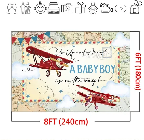 Vista 4 de Mocsicka Telón de fondo rojo de avión para baby shower, mapa de aventura de avión vintage, un bebé niño está en camino, fondo de fiesta de baby