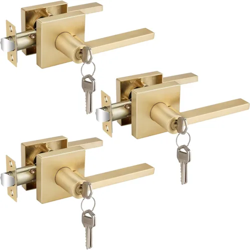 Vista 13 de EHOMEWARE Juego de manijas dobles para puerta delantera, paquete de 1 manija de puerta cuadrada de latón satinado, combinación de perilla de puerta