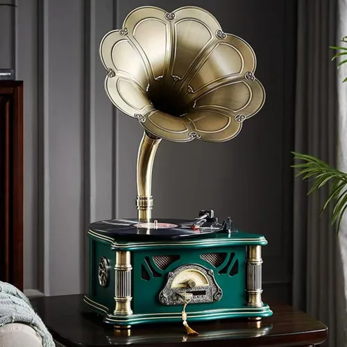 Vista 12 de Gramófono vintage con salida Bluetooth, tocadiscos vintage, tocadiscos retro para discos de vinilo de 7, 9, 12 pulgadas, 3 velocidades, alta Negro
