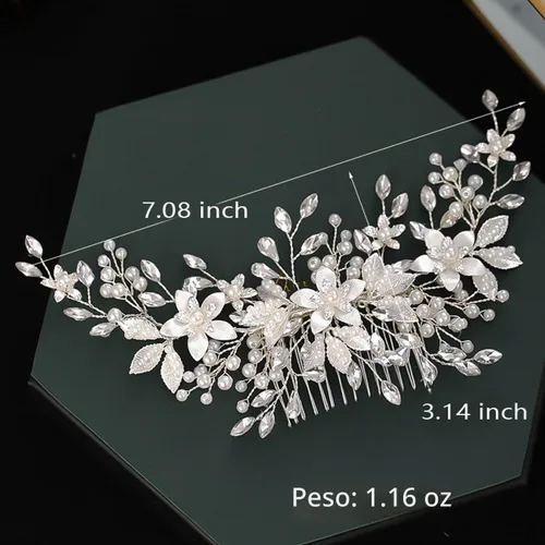 Vista 5 de Peine de pelo de novia de cristal, flor de perla, accesorios para el cabello para mujeres y niñas Wedding Hair Clip for Brides, Handmade Pearl