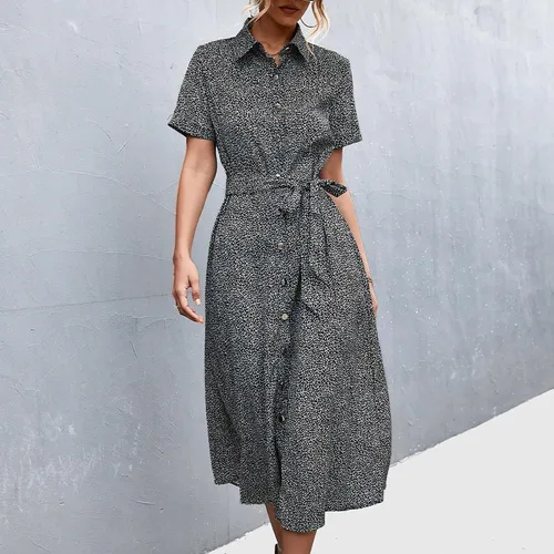 Vista 2 de Vestidos de algodón para mujer estilo casual de verano con botones vintage con lunares cuello y cinturón